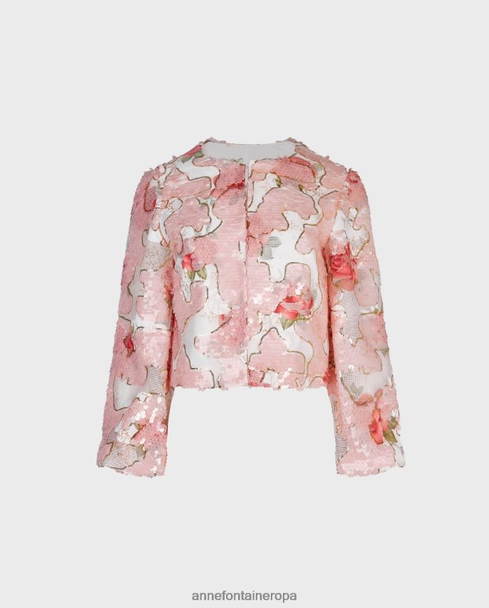 ropa es Anne Fontaine mujer chaqueta de acuarela chaqueta corta con estampado de rosas de lentejuelas oro rosado 646LTX401