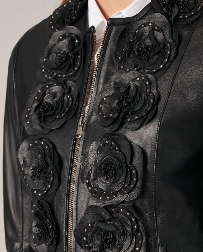 ropa es Anne Fontaine mujer chaqueta loryna chaqueta de cuero con flores delanteras negro 646LTX432