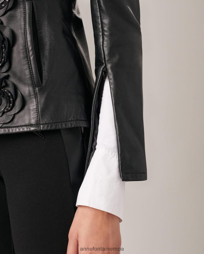 ropa es Anne Fontaine mujer chaqueta loryna chaqueta de cuero con flores delanteras negro 646LTX432