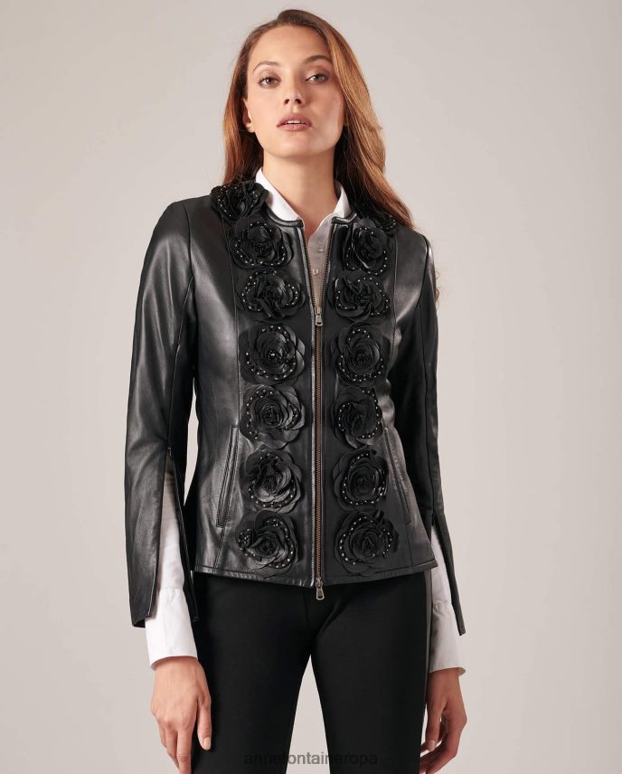 ropa es Anne Fontaine mujer chaqueta loryna chaqueta de cuero con flores delanteras negro 646LTX432