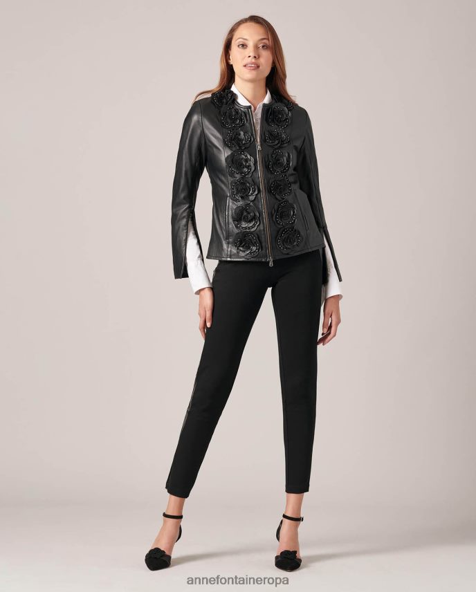 ropa es Anne Fontaine mujer chaqueta loryna chaqueta de cuero con flores delanteras negro 646LTX432