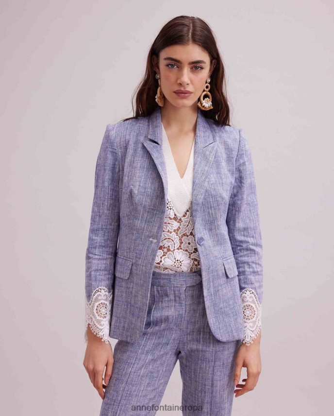 ropa es Anne Fontaine mujer chaqueta vatxi chaqueta de lino de manga larga con aplique de encaje blanco 646LTX404