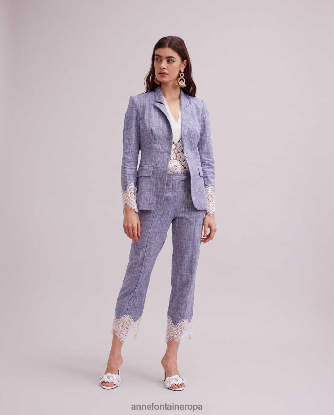 ropa es Anne Fontaine mujer chaqueta vatxi chaqueta de lino de manga larga con aplique de encaje blanco 646LTX404