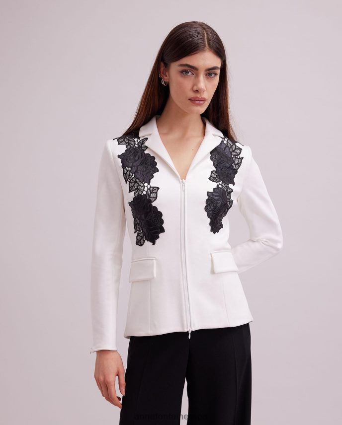 ropa es Anne Fontaine mujer chaqueta vorra chaqueta sastre con aplicaciones de rosas de piel sintética blanco negro 646LTX457