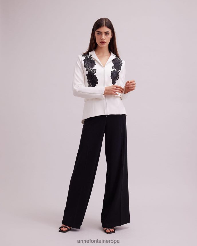 ropa es Anne Fontaine mujer chaqueta vorra chaqueta sastre con aplicaciones de rosas de piel sintética blanco negro 646LTX457