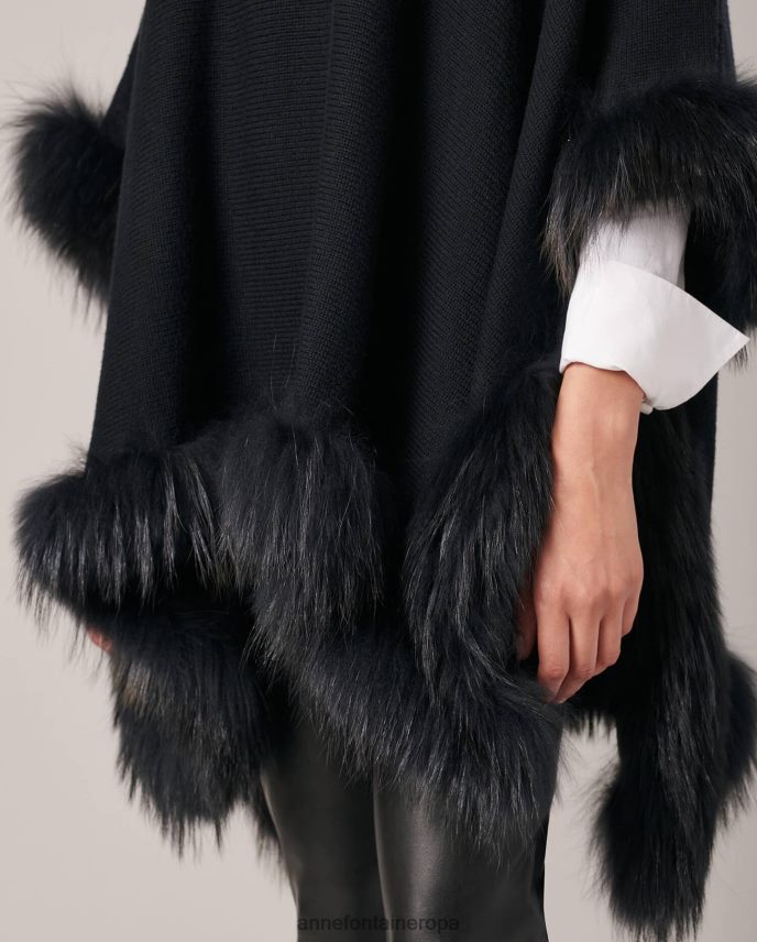ropa es Anne Fontaine mujer loic poncho poncho de punto con ribete de piel negro 646LTX447