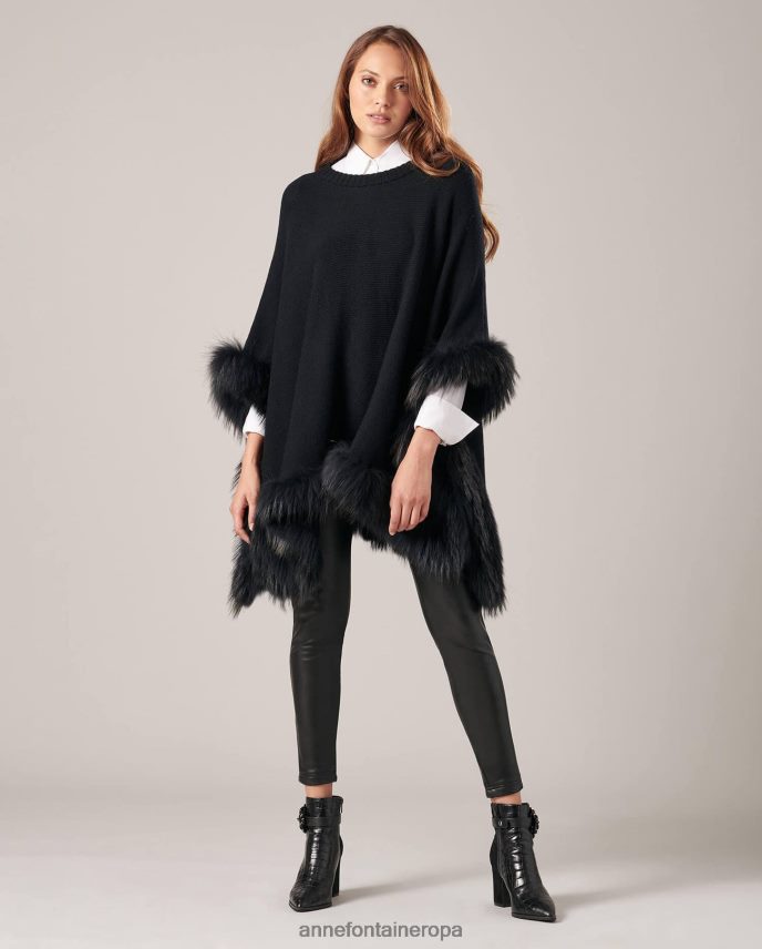ropa es Anne Fontaine mujer loic poncho poncho de punto con ribete de piel negro 646LTX447