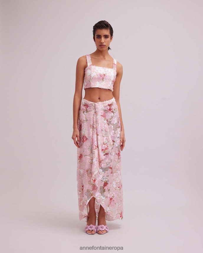 ropa es Anne Fontaine mujer falda anis y falda estilo pareo con estampado de rosas de lentejuelas y volantes en cascada oro rosado 646LTX313