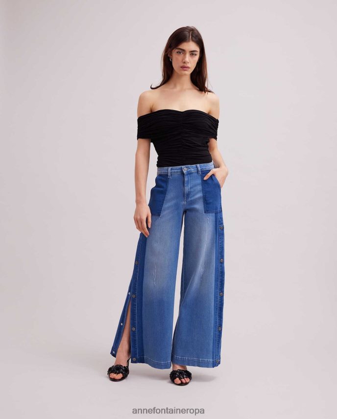 ropa es Anne Fontaine mujer Vaqueros vesly denim de dos tonos con pernera ancha y detalle de botón a presión azul 646LTX326