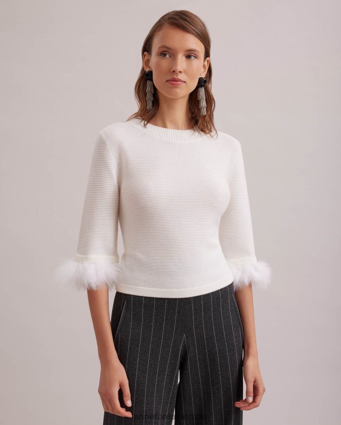 ropa es Anne Fontaine mujer Jersey de punto texturizado Beckett Top con mangas de plumas extraíbles blanco 646LTX474