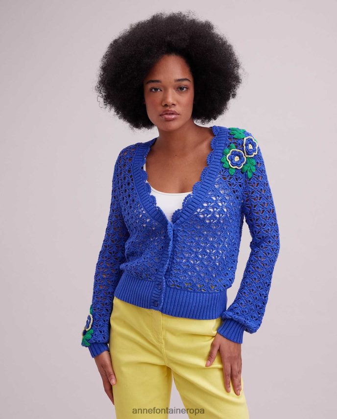 ropa es Anne Fontaine mujer cardigan de girasol cardigan de crochet con detalles de flores de punto azul 646LTX499