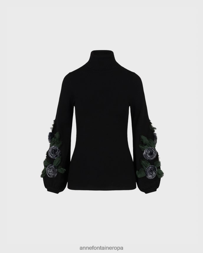 ropa es Anne Fontaine mujer suéter cadencia de manga larga con cuello alto y apliques florales blanco negro 646LTX491