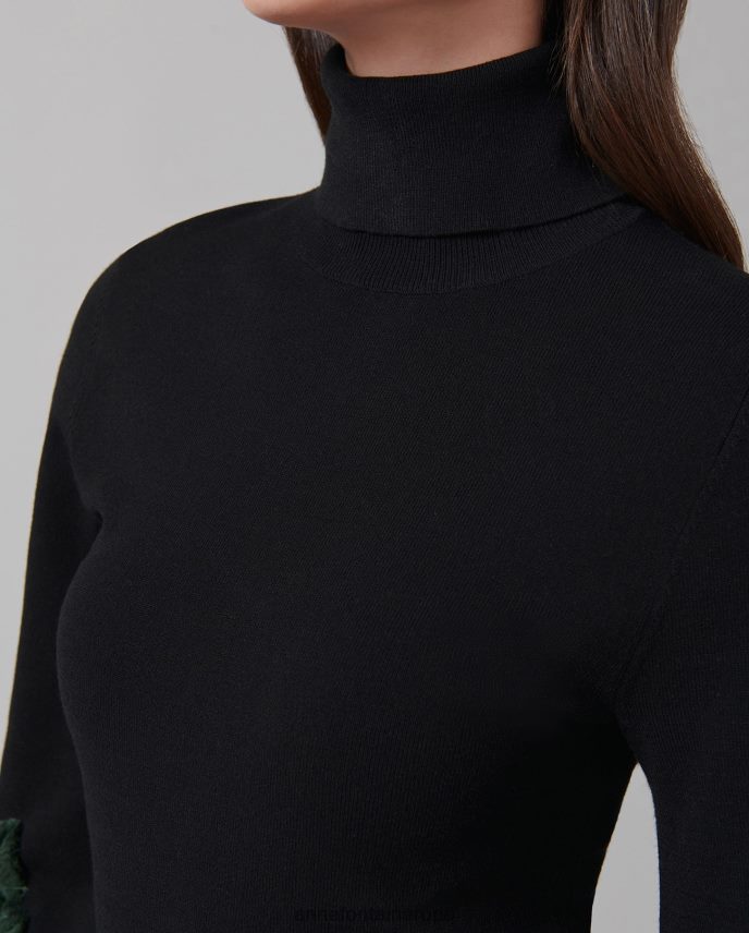 ropa es Anne Fontaine mujer suéter cadencia de manga larga con cuello alto y apliques florales blanco negro 646LTX491