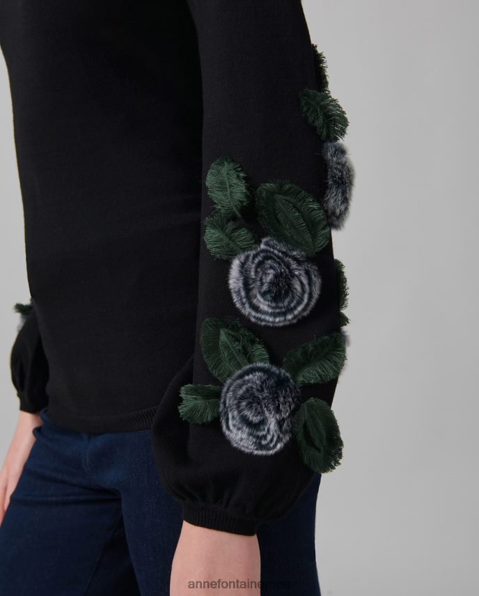 ropa es Anne Fontaine mujer suéter cadencia de manga larga con cuello alto y apliques florales blanco negro 646LTX491