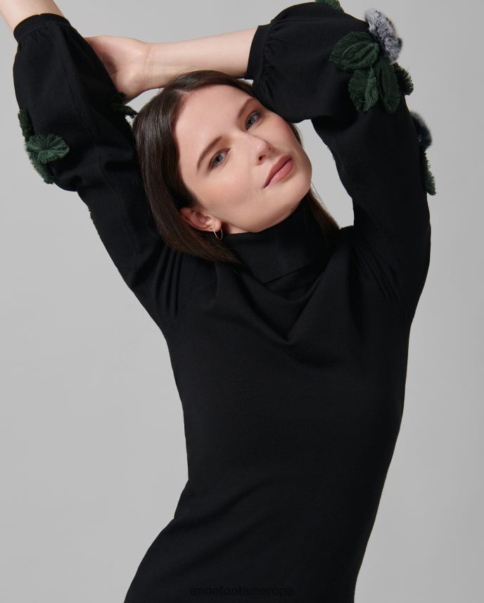 ropa es Anne Fontaine mujer suéter cadencia de manga larga con cuello alto y apliques florales blanco negro 646LTX491