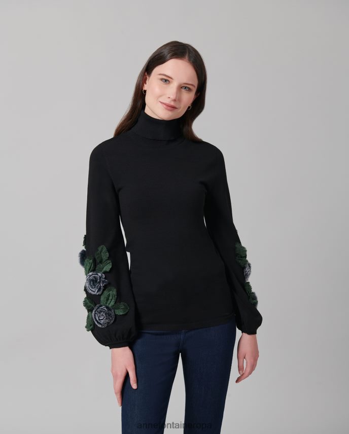 ropa es Anne Fontaine mujer suéter cadencia de manga larga con cuello alto y apliques florales blanco negro 646LTX491