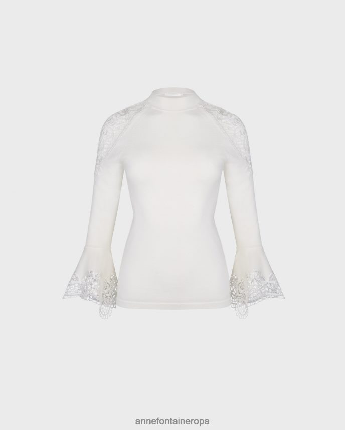 ropa es Anne Fontaine mujer suéter fozia suéter de punto con detalles transparentes de encaje floral luna blanca 646LTX475