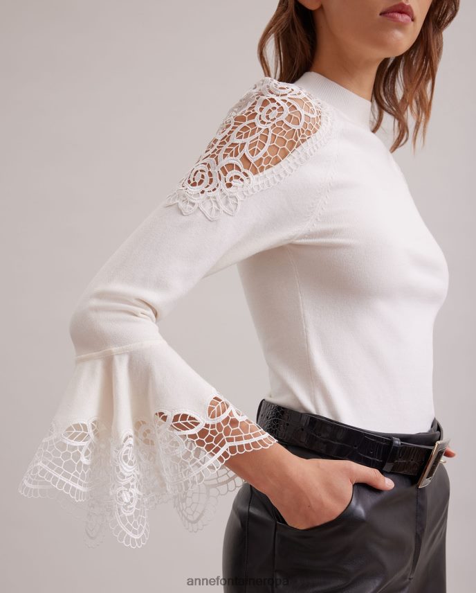 ropa es Anne Fontaine mujer suéter fozia suéter de punto con detalles transparentes de encaje floral luna blanca 646LTX475