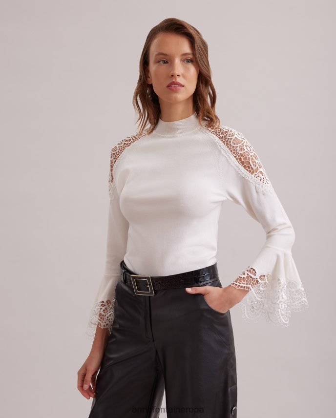 ropa es Anne Fontaine mujer suéter fozia suéter de punto con detalles transparentes de encaje floral luna blanca 646LTX475