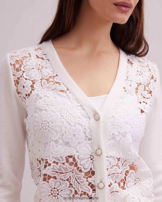 ropa es Anne Fontaine mujer Cárdigan azalee Cárdigan de encaje floral de manga larga con ribetes de punto acanalado blanco 646LTX268