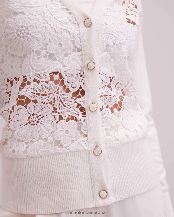 ropa es Anne Fontaine mujer Cárdigan azalee Cárdigan de encaje floral de manga larga con ribetes de punto acanalado blanco 646LTX268