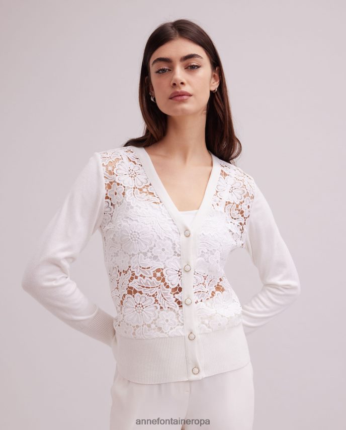 ropa es Anne Fontaine mujer Cárdigan azalee Cárdigan de encaje floral de manga larga con ribetes de punto acanalado blanco 646LTX268