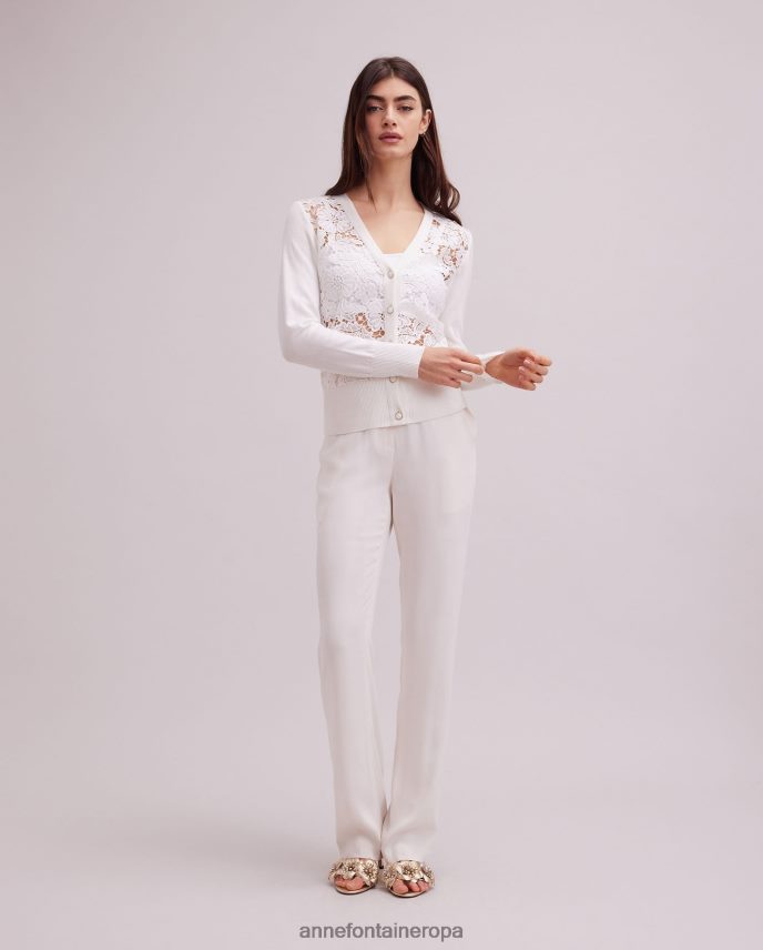 ropa es Anne Fontaine mujer Cárdigan azalee Cárdigan de encaje floral de manga larga con ribetes de punto acanalado blanco 646LTX268