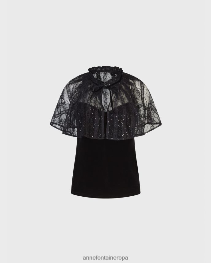 ropa es Anne Fontaine mujer Camiseta sin mangas de terciopelo gótico con una capa de encaje transparente adjunta. negro 646LTX285