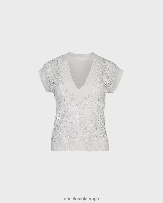 ropa es Anne Fontaine mujer Chaleco ombelle sin mangas, chaleco de encaje floral sin forro con ribetes de punto acanalado blanco 646LTX295