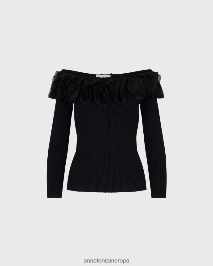 ropa es Anne Fontaine mujer Jersey feda top manga 3/4 de punto con volantes negro 646LTX281