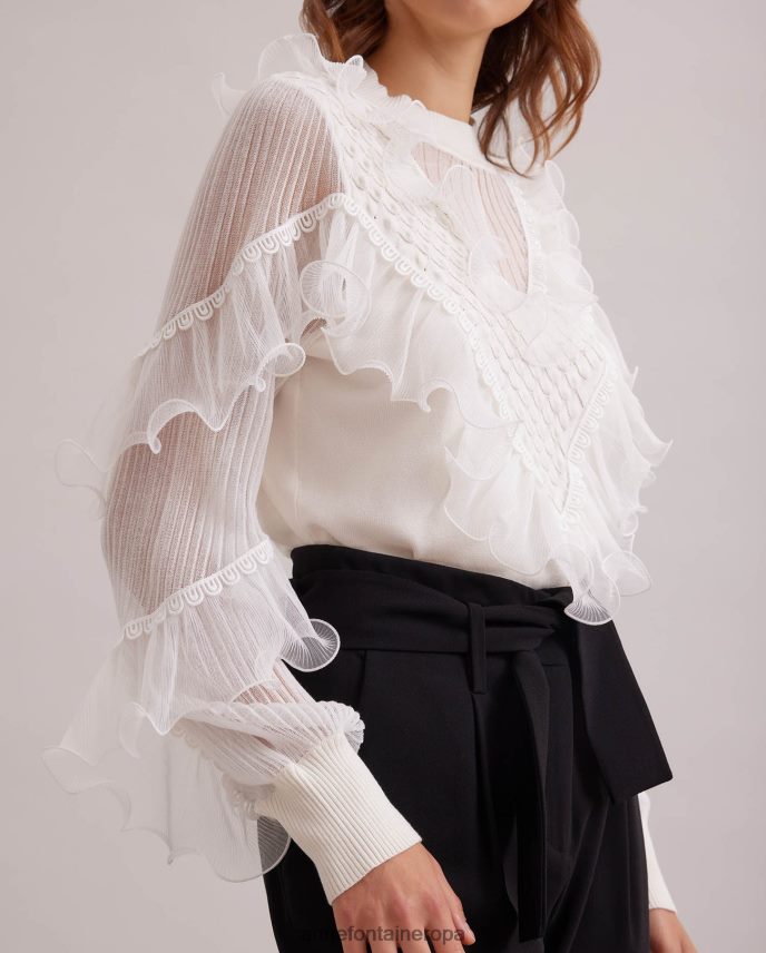 ropa es Anne Fontaine mujer Oeuvre top de punto de manga larga con detalles transparentes y volantes en cascada blanco 646LTX288