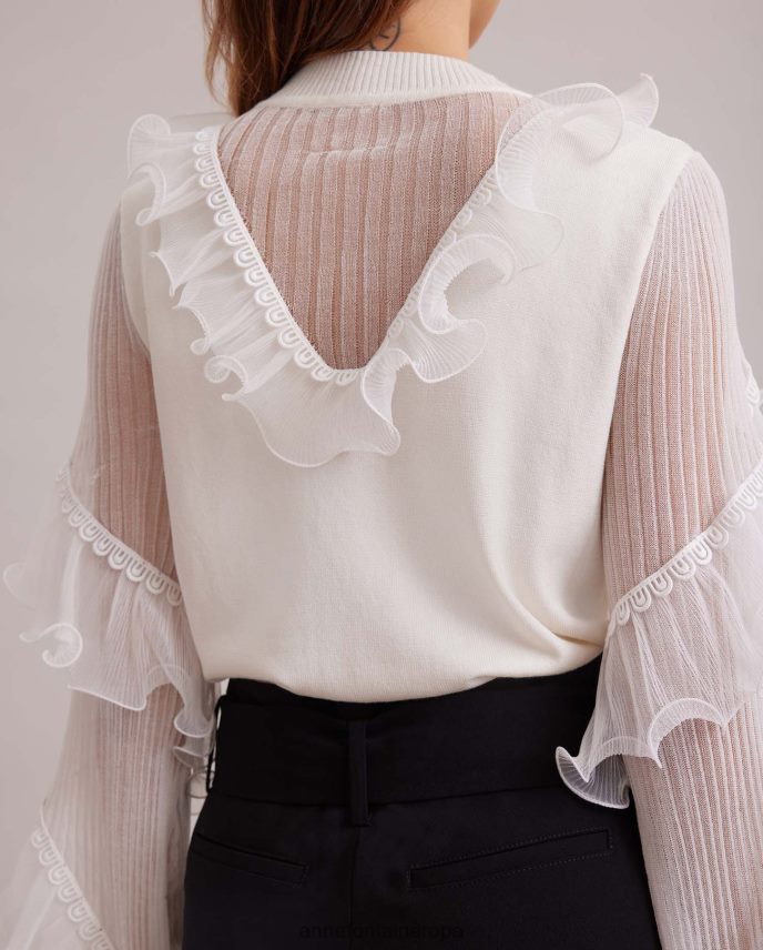 ropa es Anne Fontaine mujer Oeuvre top de punto de manga larga con detalles transparentes y volantes en cascada blanco 646LTX288