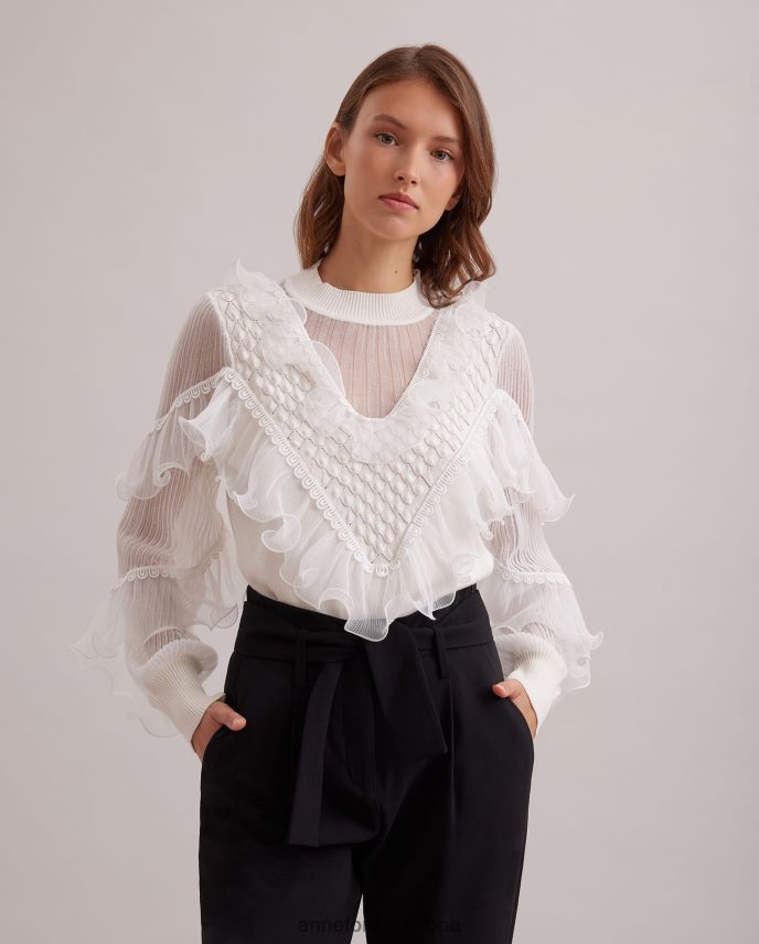 ropa es Anne Fontaine mujer Oeuvre top de punto de manga larga con detalles transparentes y volantes en cascada blanco 646LTX288