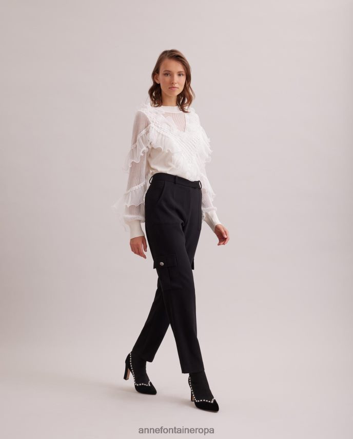 ropa es Anne Fontaine mujer Oeuvre top de punto de manga larga con detalles transparentes y volantes en cascada blanco 646LTX288