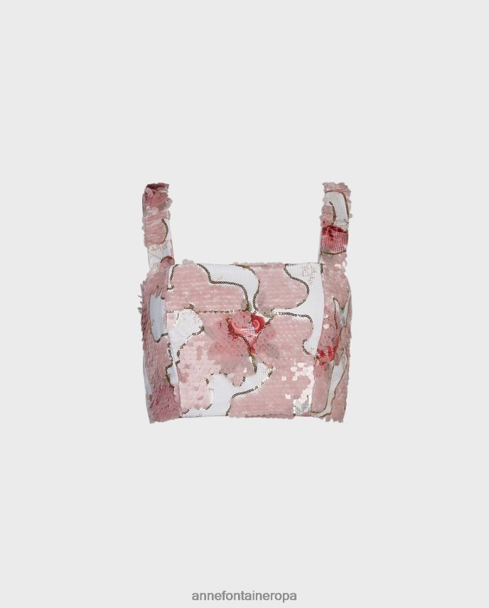 ropa es Anne Fontaine mujer bonito top corto y top corto con estampado de rosas de lentejuelas bordadas rosa/blanco 646LTX260