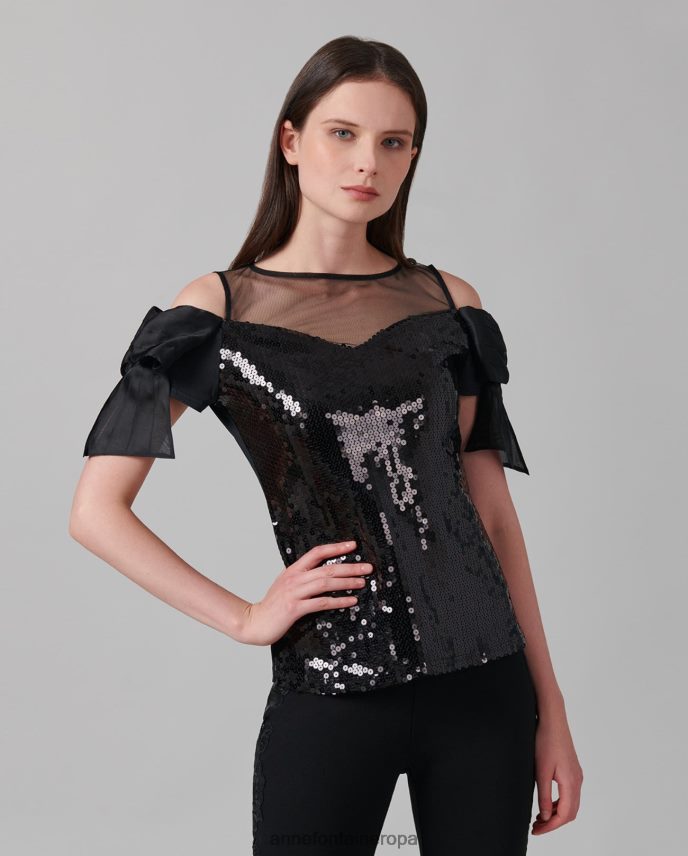 ropa es Anne Fontaine mujer camisa fasola top con lentejuelas, canesú transparente y hombros abiertos negro 646LTX283