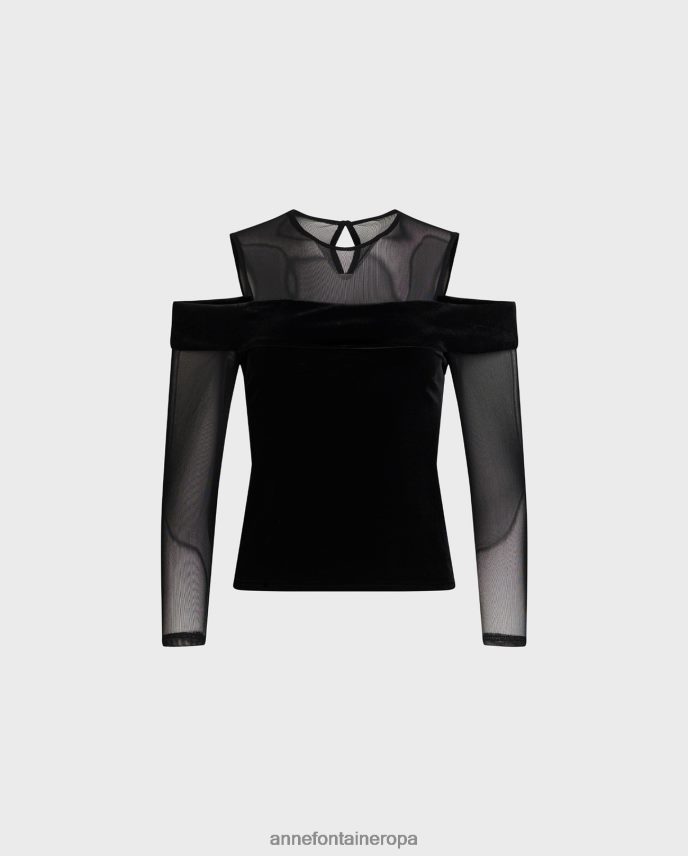 ropa es Anne Fontaine mujer top oscuro de manga larga de terciopelo y top transparente con hombros descubiertos negro 646LTX274
