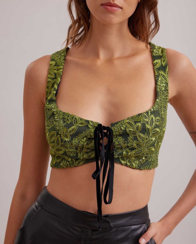 ropa es Anne Fontaine mujer top pasión top corsé de lentejuelas bordado con cinta de terciopelo verde negro 646LTX284