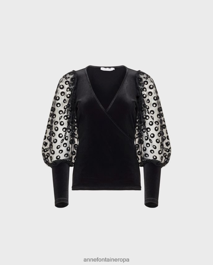 ropa es Anne Fontaine mujer top real top cruzado de terciopelo con mangas transparentes y voluminosas bordadas con círculos de terciopelo negro 646LTX286