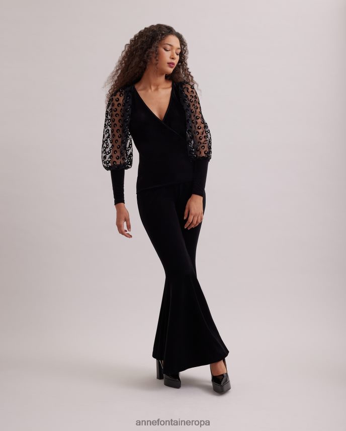 ropa es Anne Fontaine mujer top real top cruzado de terciopelo con mangas transparentes y voluminosas bordadas con círculos de terciopelo negro 646LTX286