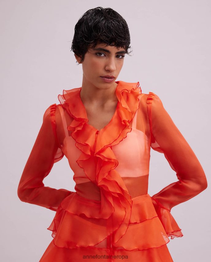 ropa es Anne Fontaine mujer Vestido camisero color lavanda Vestido camisero de organza de seda de manga larga con detalles de volantes naranja 646LTX63