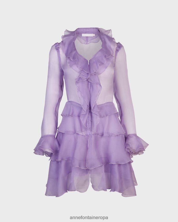 ropa es Anne Fontaine mujer Vestido camisero color lavanda Vestido camisero morado de organza de seda de manga larga con detalles de volantes Parma 646LTX66