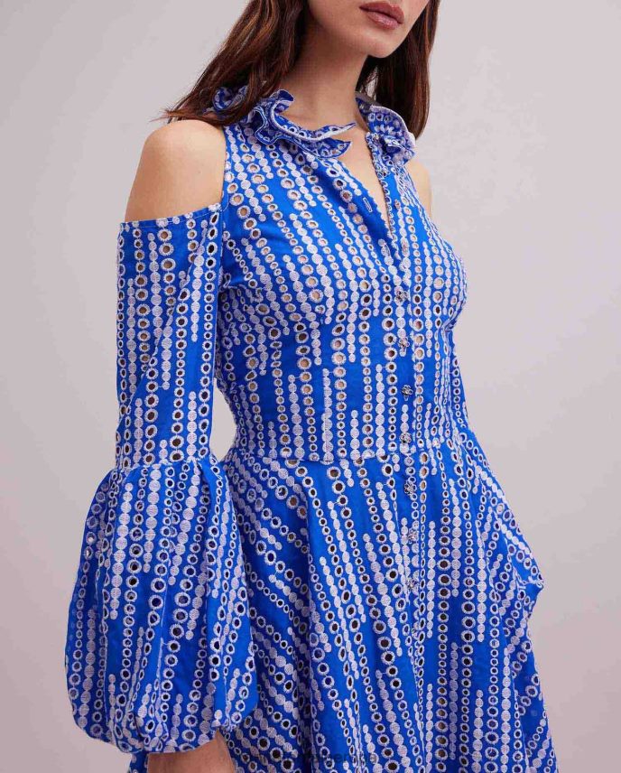 ropa es Anne Fontaine mujer Vestido estampado y vestido con ojales y hombros descubiertos. blanco azul 646LTX69