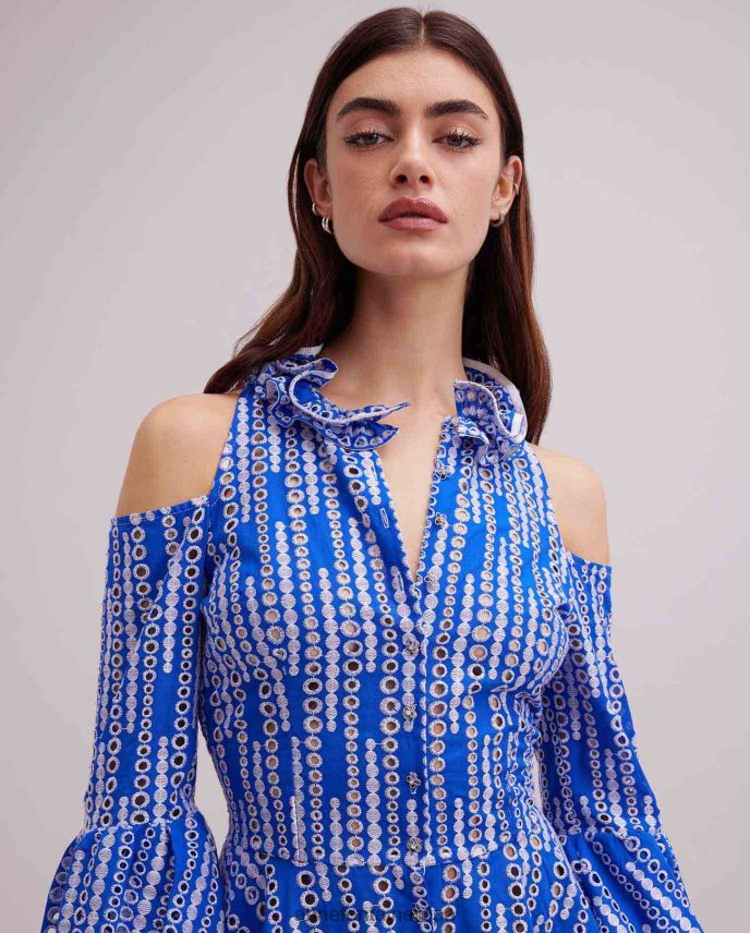 ropa es Anne Fontaine mujer Vestido estampado y vestido con ojales y hombros descubiertos. blanco azul 646LTX69