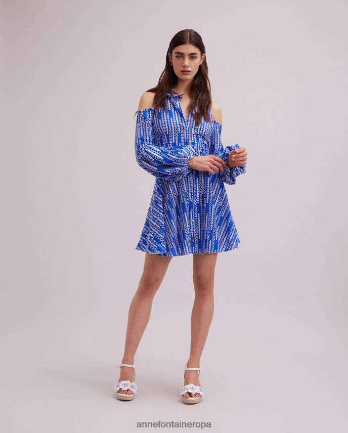 ropa es Anne Fontaine mujer Vestido estampado y vestido con ojales y hombros descubiertos. blanco azul 646LTX69
