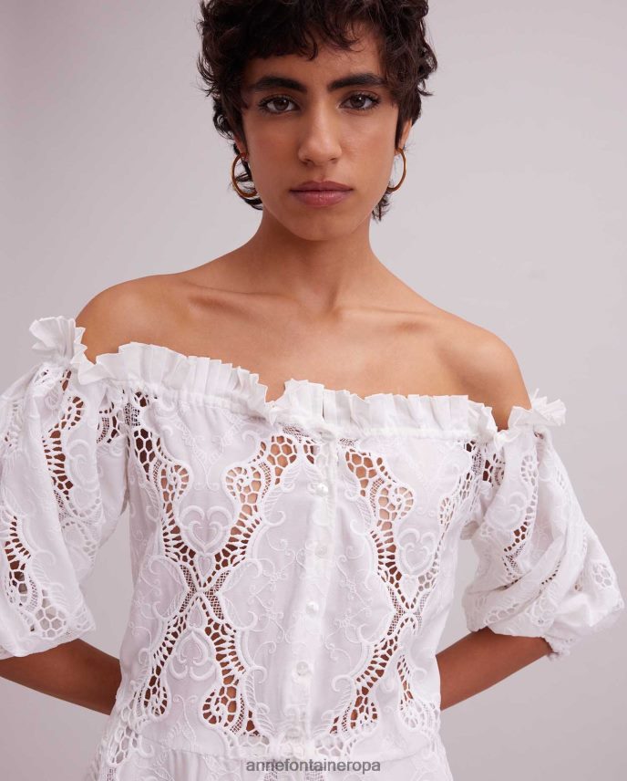 ropa es Anne Fontaine mujer Vestido riviera con hombros descubiertos, vestido con ojales bordados y cinturón extraíble blanco 646LTX61