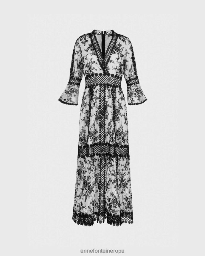ropa es Anne Fontaine mujer vestido amodio vestido largo de encaje floral con mangas con volantes y ribetes de margaritas blanco negro 646LTX80