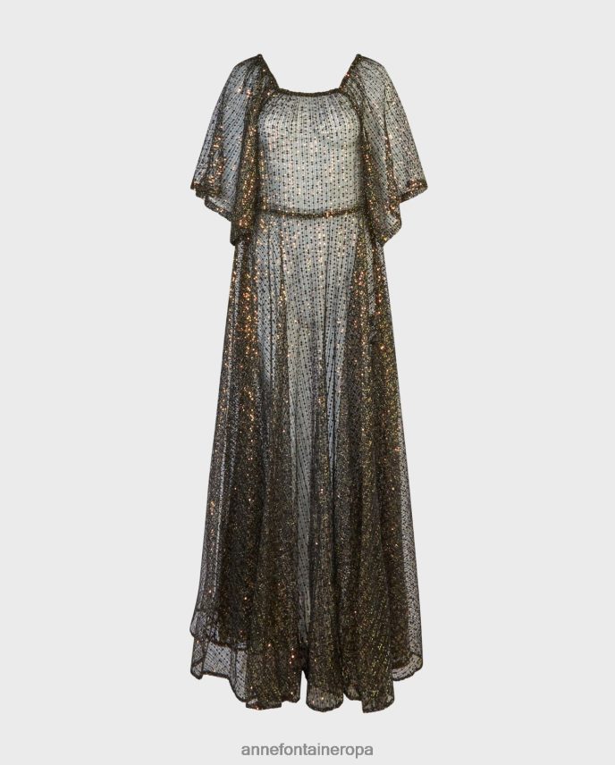 ropa es Anne Fontaine mujer vestido barroco vestido largo bordado de red transparente con lentejuelas iridiscentes negro 646LTX102