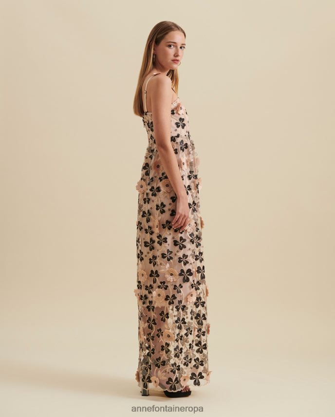 ropa es Anne Fontaine mujer vestido belharra vestido largo semitransparente con apliques florales 3d negro/beige/dorado 646LTX118