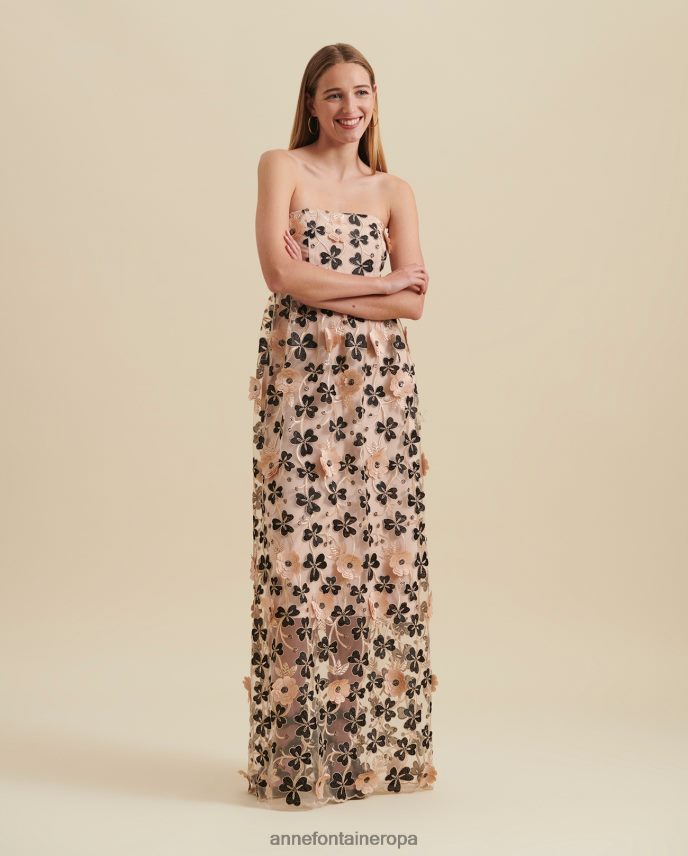 ropa es Anne Fontaine mujer vestido belharra vestido largo semitransparente con apliques florales 3d negro/beige/dorado 646LTX118